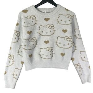 Hello Kitty Sanrio Kids Girls XL 14/16 Fuzzy Knit Sweater Gold Hearts White